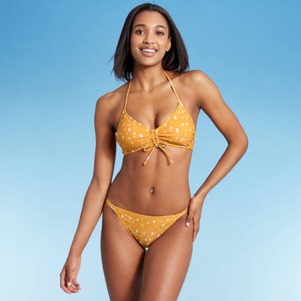 Kona Sol 2-Piece Yellow Dot Bikini Hipster Swimsuit Set Women's Size Small (4-6)